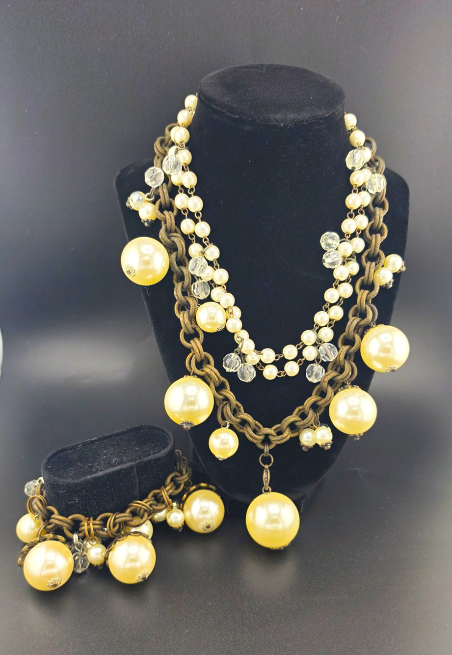 Plunder Design Signed Faux Pearl & Crystal Necklace Bracelet Set Gold Cream